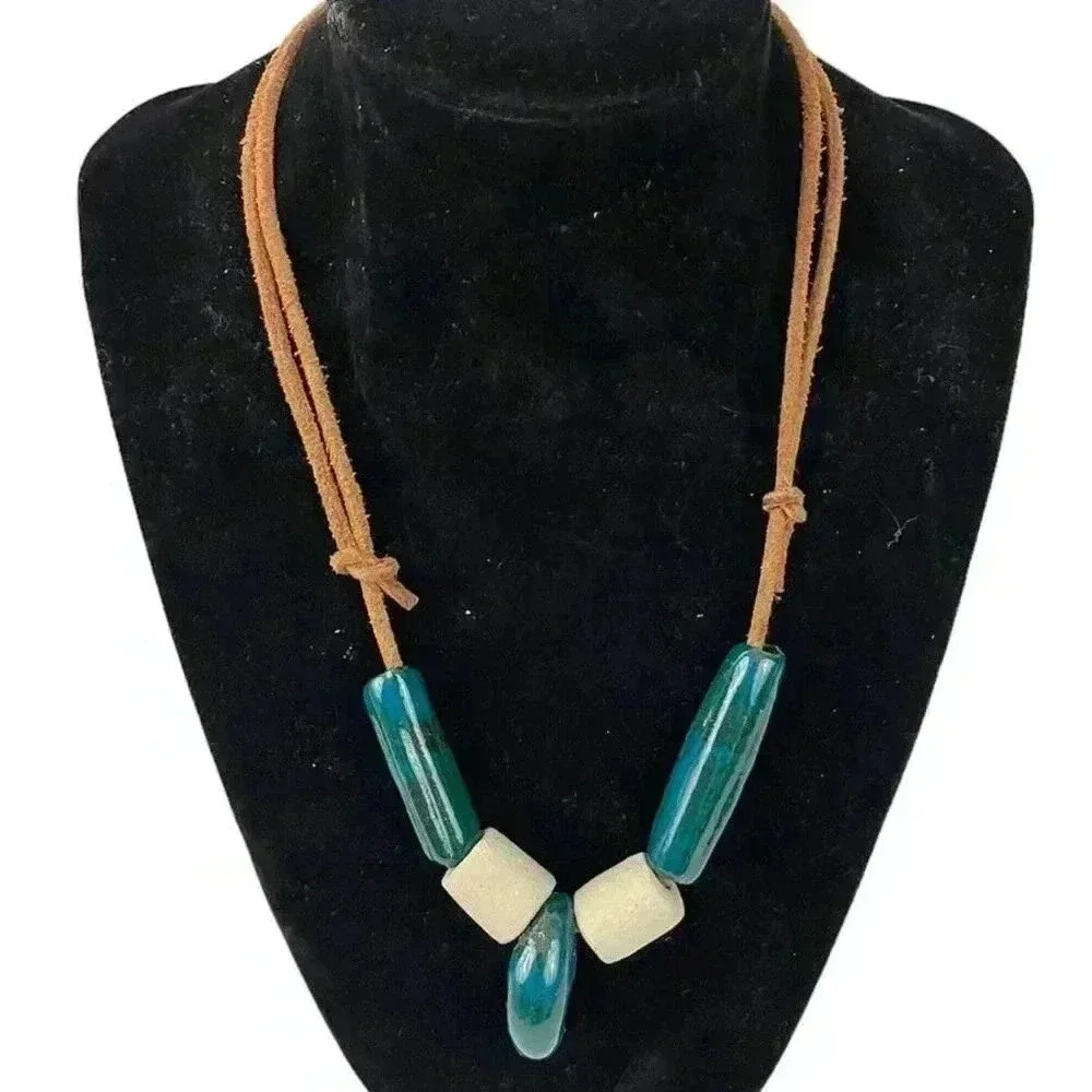 Ceramic Beaded Necklace Leather Adjustable Handmade‎